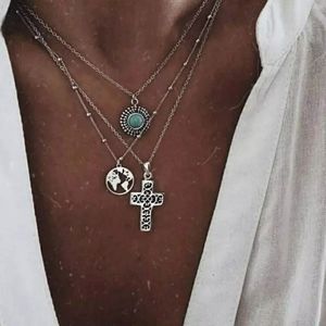 NEW Silver Trendy Boho Multilayer Cross Necklace